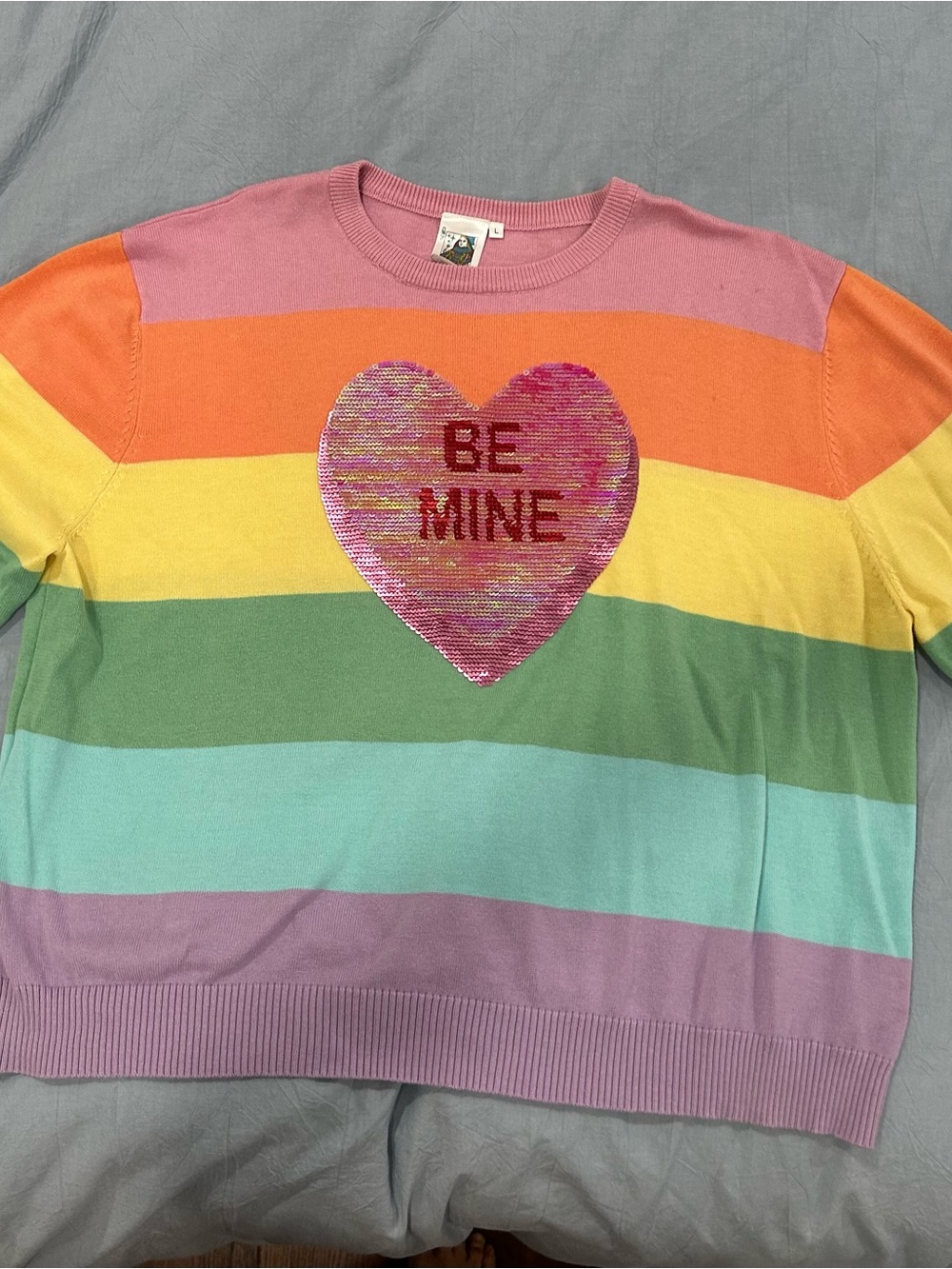 Queen of Sparkles Sequin Heart Rainbow Stripe Crewneck Sweater - Pink